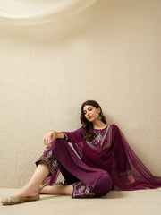 Festive Wine Embroidered Straight Kurta Set