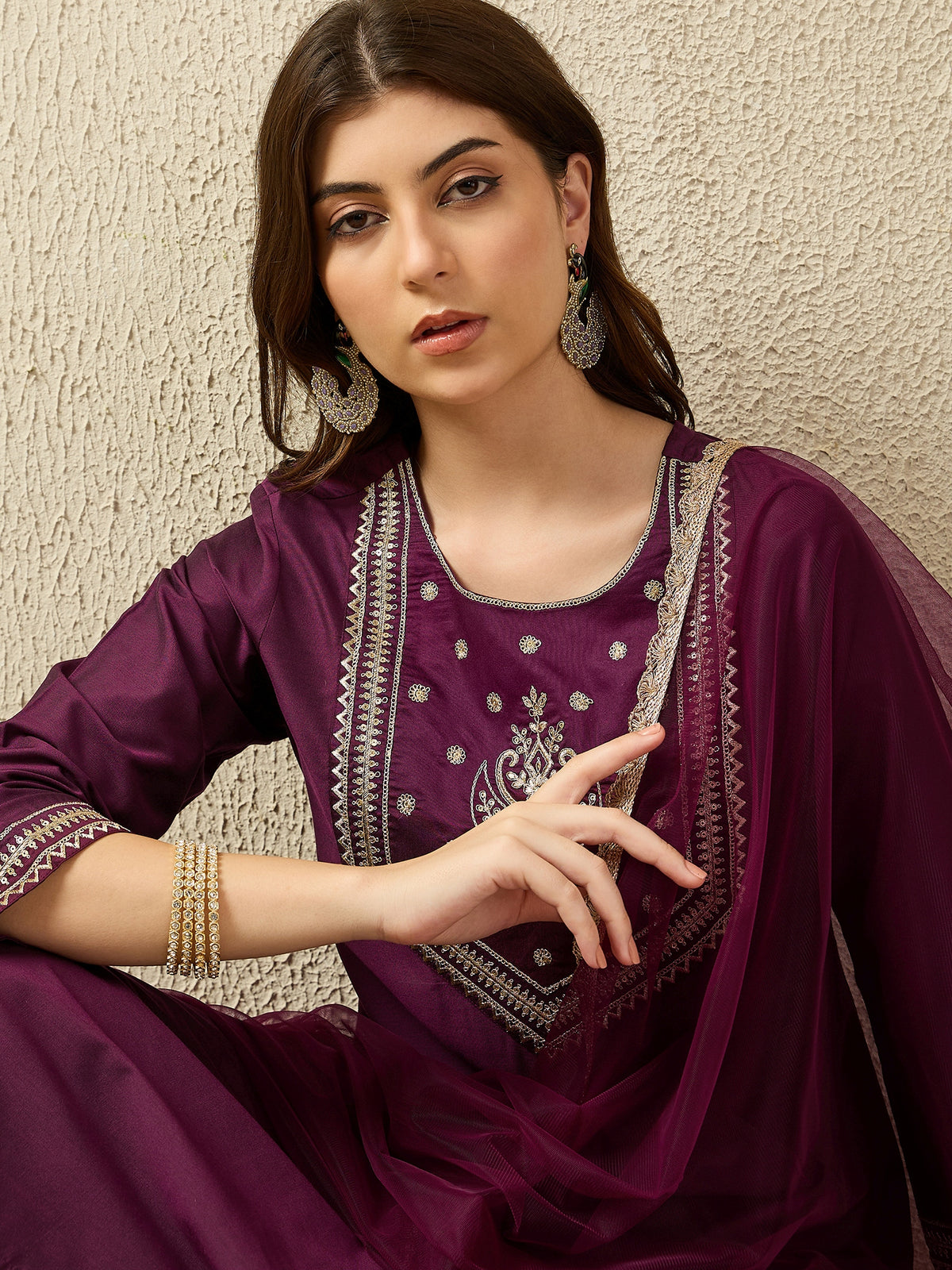 Festive Wine Embroidered Straight Kurta Set