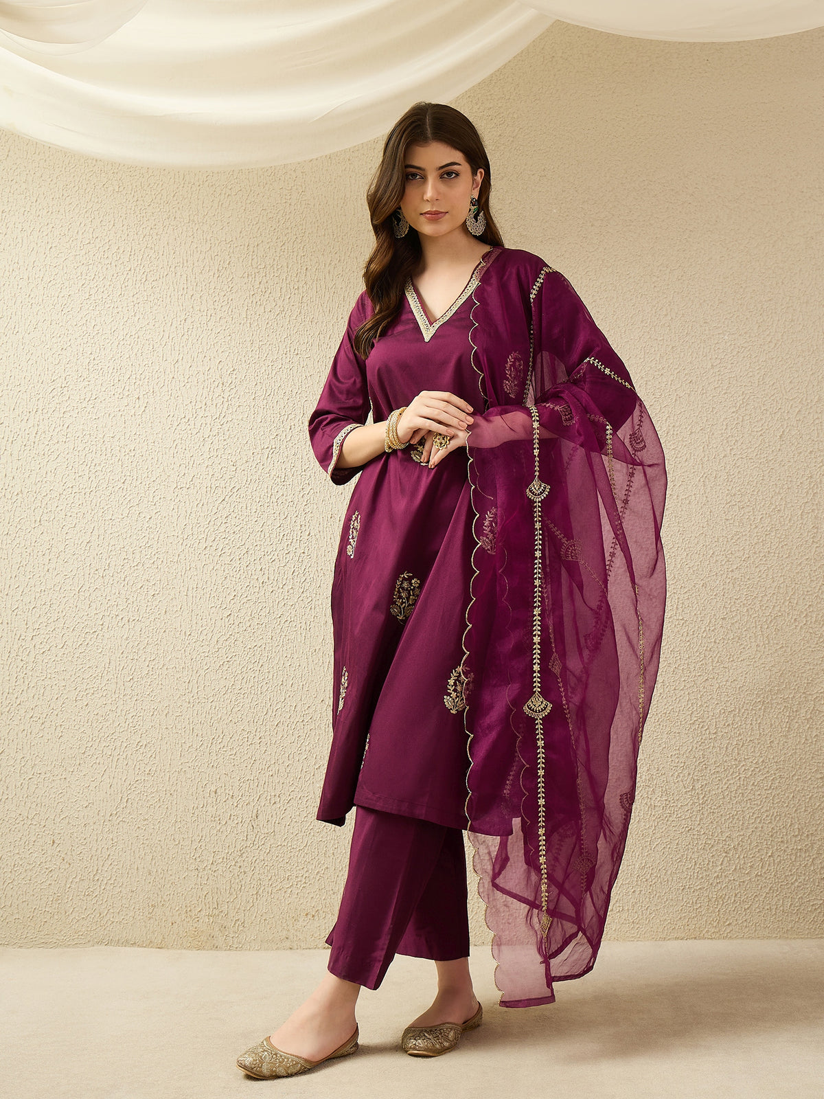 Elegant Wine Embroidered Kurta Set with Sheer Dupatta