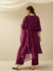 Elegant Wine Embroidered Kurta Set with Sheer Dupatta