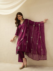 Elegant Wine Embroidered Kurta Set with Sheer Dupatta