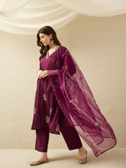 Elegant Wine Embroidered Kurta Set with Sheer Dupatta