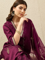 Elegant Wine Embroidered Kurta Set with Sheer Dupatta