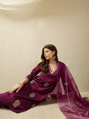 Elegant Wine Embroidered Kurta Set with Sheer Dupatta