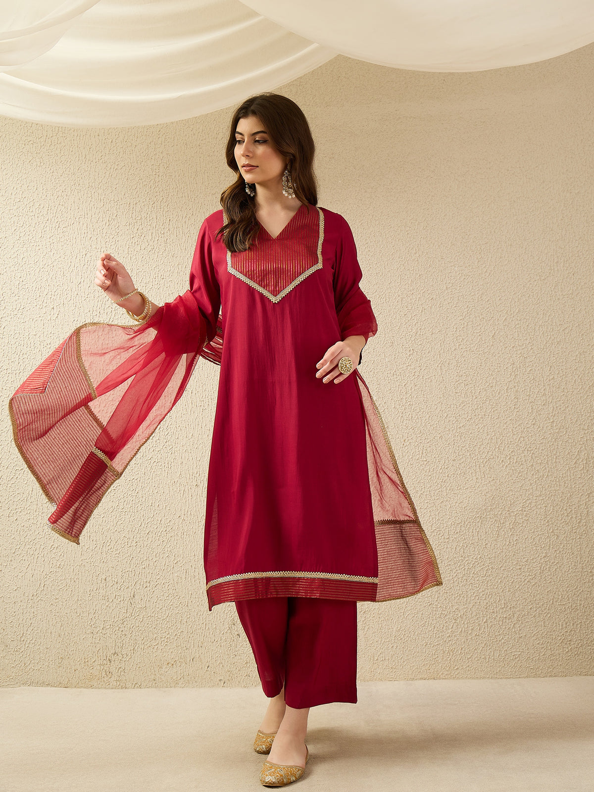 Elegant Wine Red Kurta Set with Sheer Dupatta