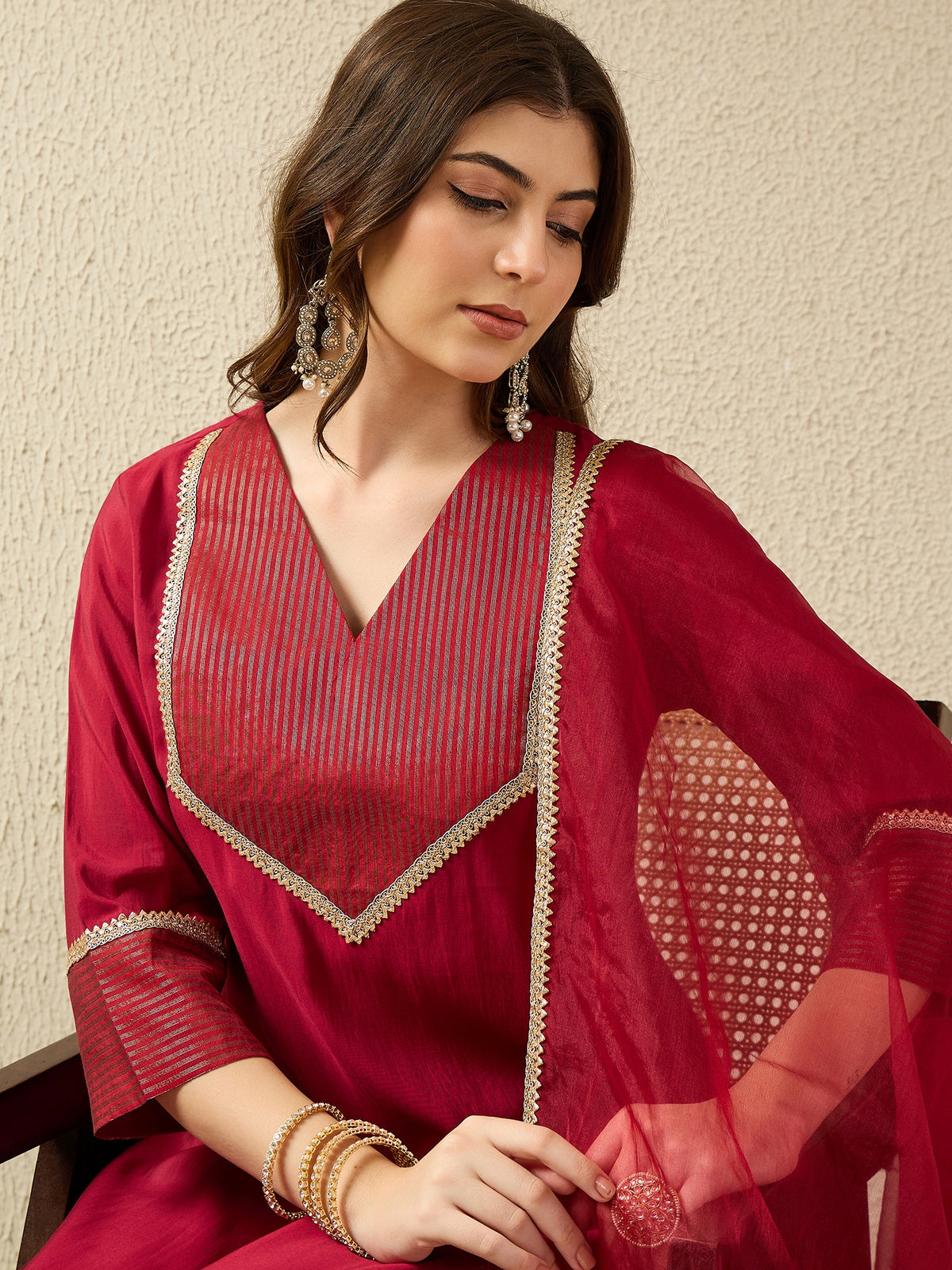 Elegant Wine Red Kurta Set with Sheer Dupatta