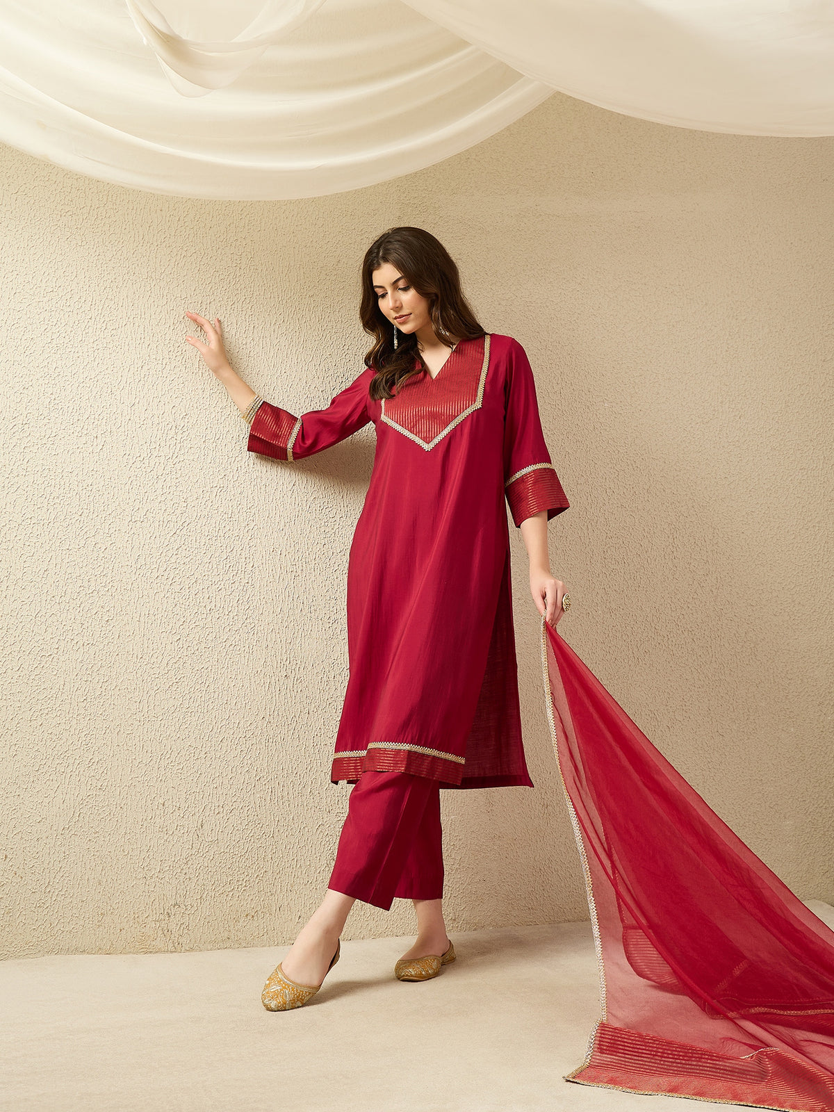Elegant Wine Red Kurta Set with Sheer Dupatta
