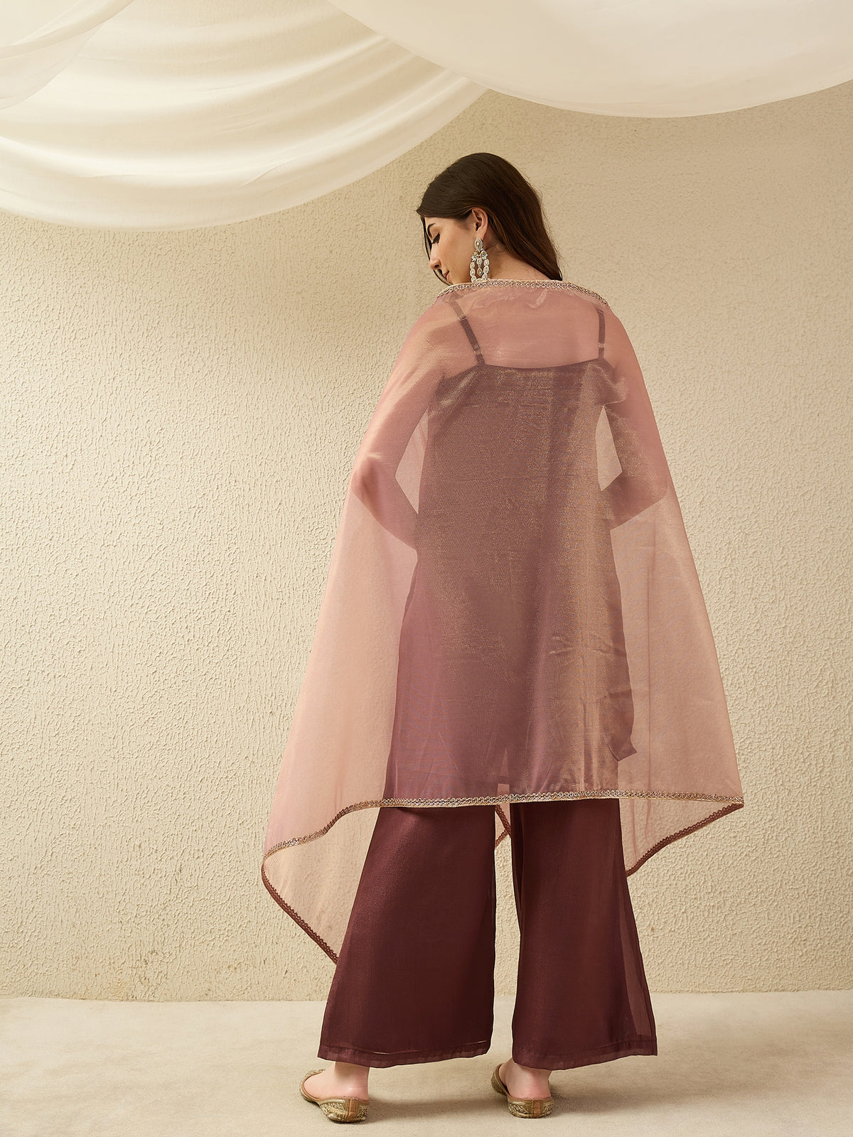 Elegant Brown Kurta Set with Sheer Dupatta