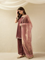 Elegant Brown Kurta Set with Sheer Dupatta