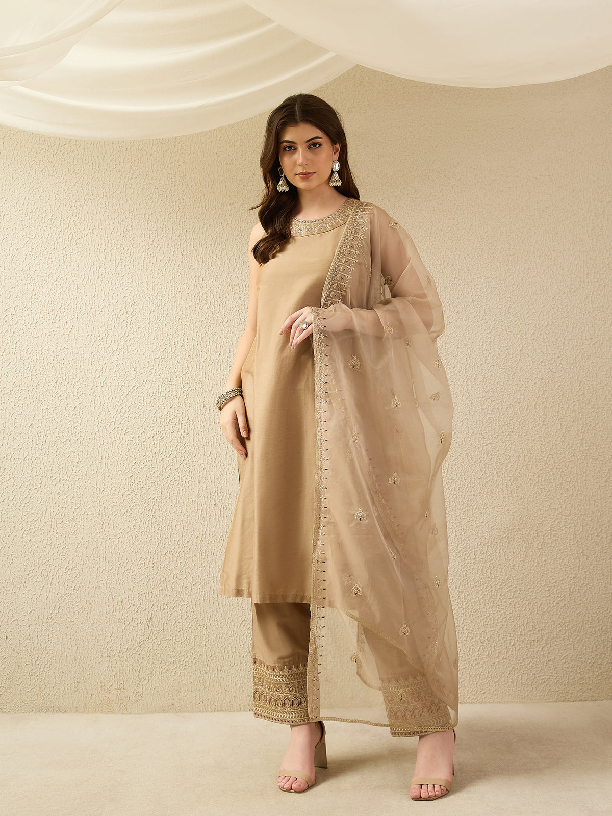 Elegant Gold Embroidered Kurta Set with Sheer Dupatta