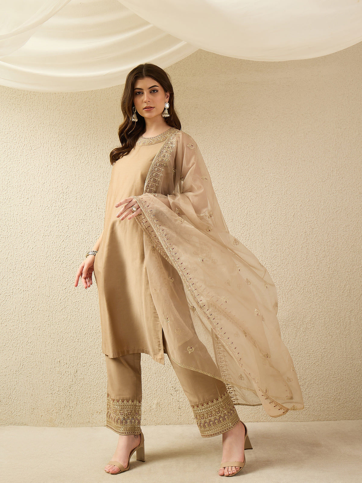 Elegant Gold Embroidered Kurta Set with Sheer Dupatta
