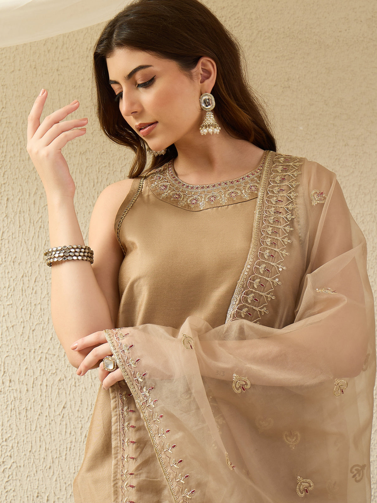 Elegant Gold Embroidered Kurta Set with Sheer Dupatta
