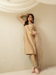 Elegant Gold Embroidered Kurta Set with Sheer Dupatta