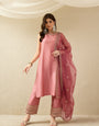 Blush Pink Embroidered Kurta Palazzo Set with Organza Dupatta