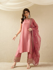 Blush Pink Embroidered Kurta Palazzo Set with Organza Dupatta