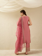 Blush Pink Embroidered Kurta Palazzo Set with Organza Dupatta