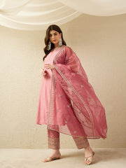 Blush Pink Embroidered Kurta Palazzo Set with Organza Dupatta