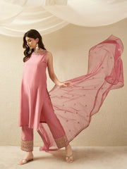 Blush Pink Embroidered Kurta Palazzo Set with Organza Dupatta