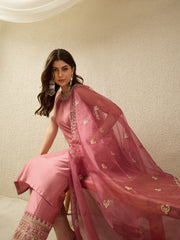 Blush Pink Embroidered Kurta Palazzo Set with Organza Dupatta