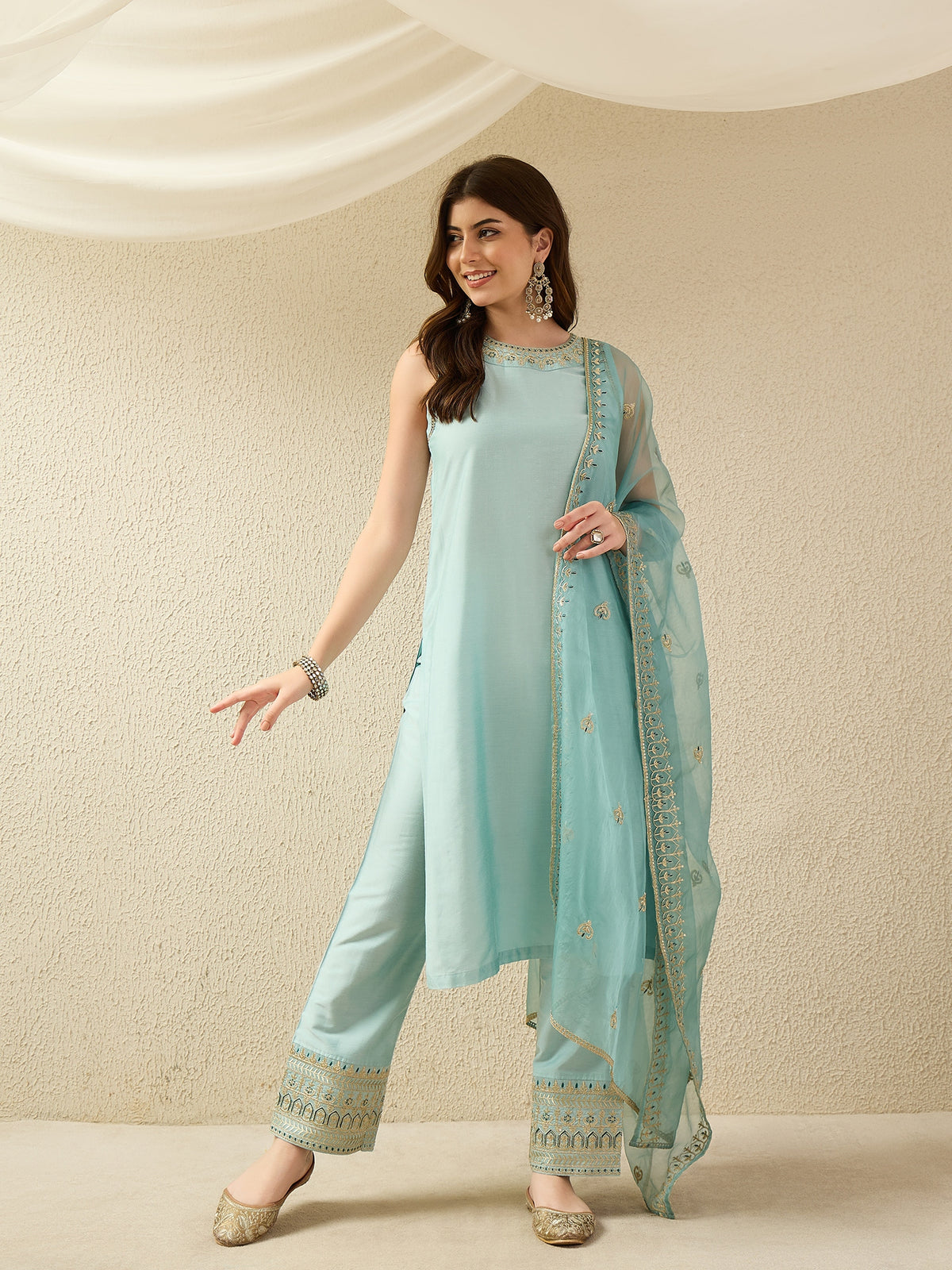 Sky Blue Embroidered Kurta Palazzo Set with Organza Dupatta