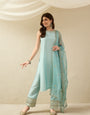 Sky Blue Embroidered Kurta Palazzo Set with Organza Dupatta