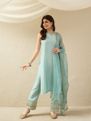 Sky Blue Embroidered Kurta Palazzo Set with Organza Dupatta