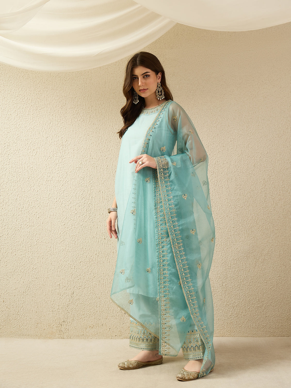 Sky Blue Embroidered Kurta Palazzo Set with Organza Dupatta