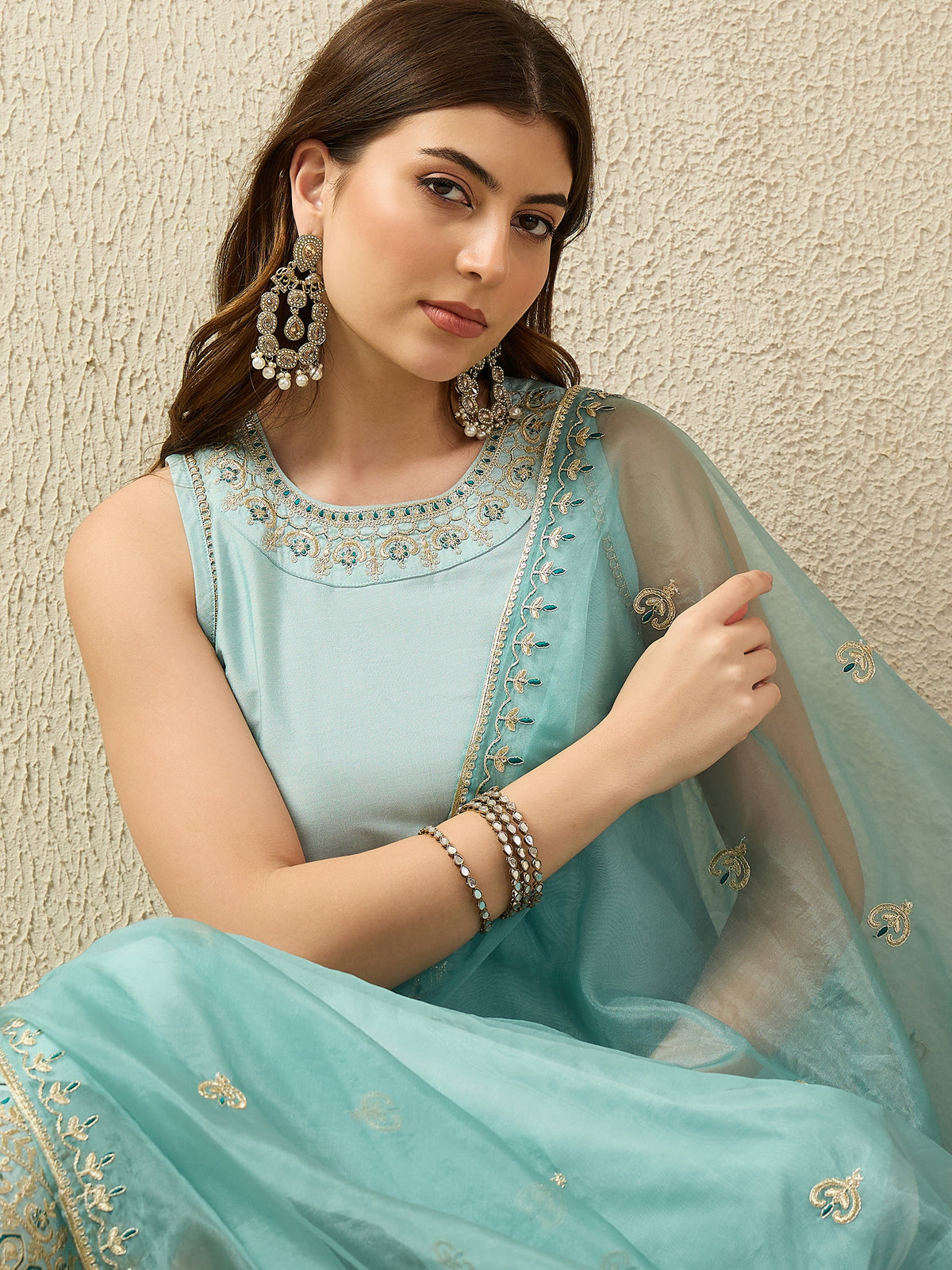Sky Blue Embroidered Kurta Palazzo Set with Organza Dupatta