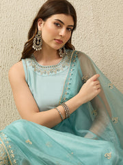Sky Blue Embroidered Kurta Palazzo Set with Organza Dupatta