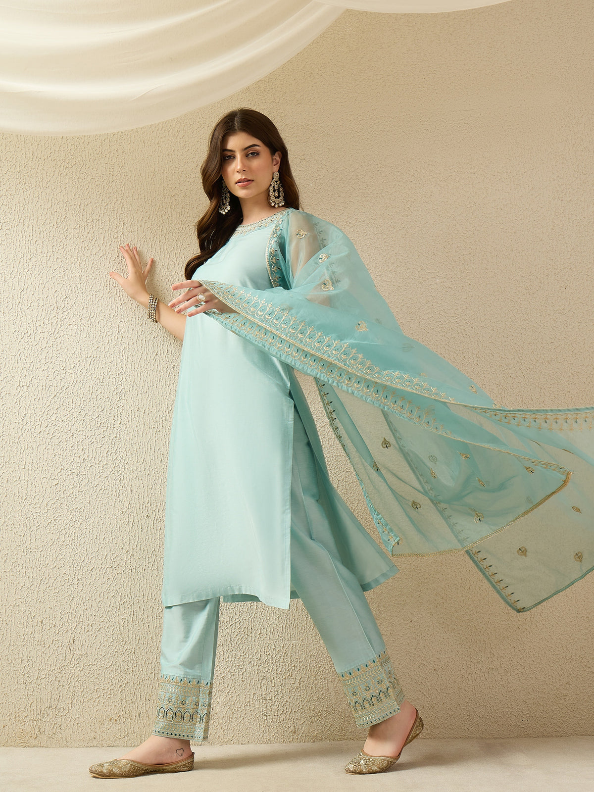 Sky Blue Embroidered Kurta Palazzo Set with Organza Dupatta