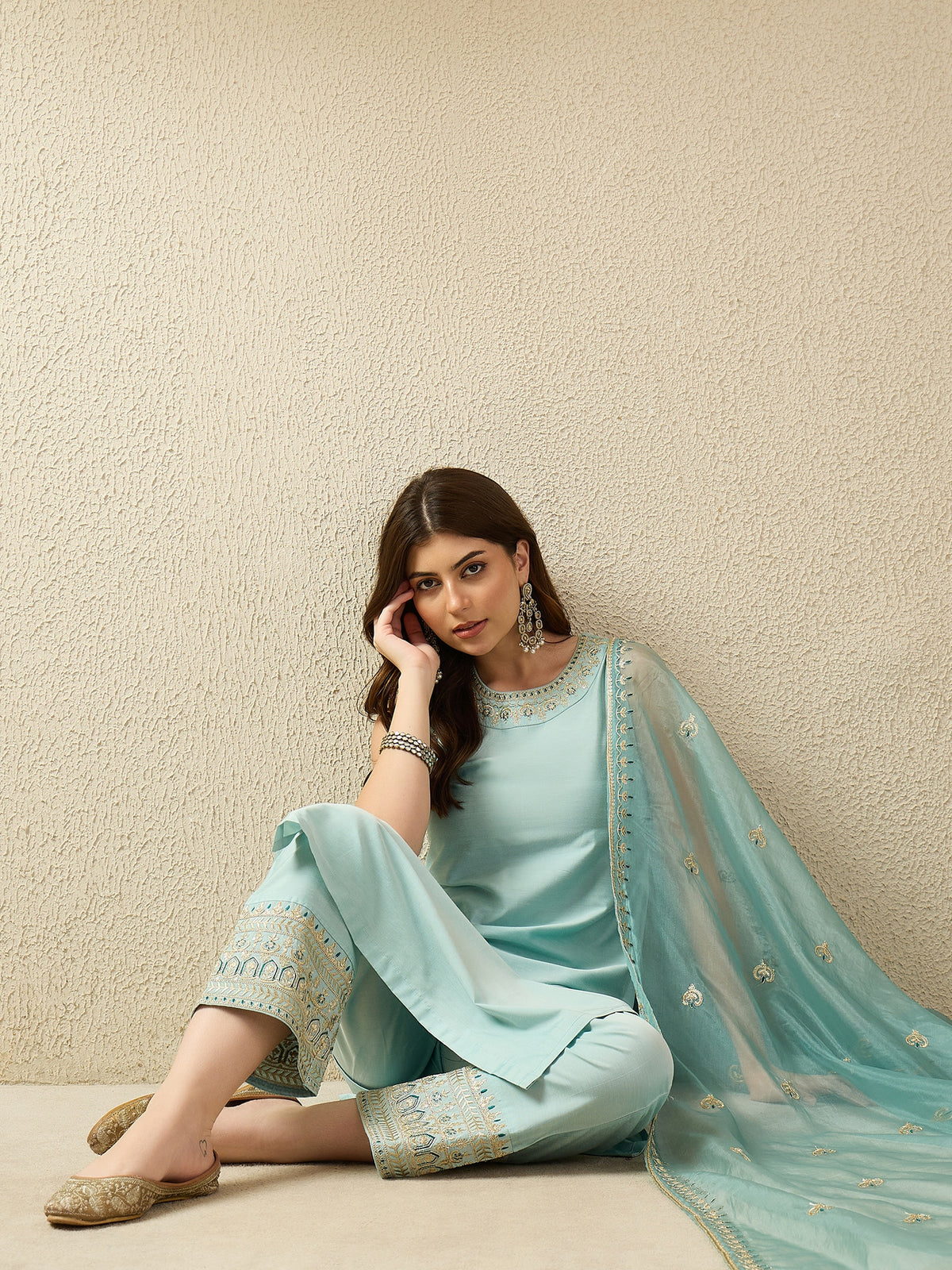 Sky Blue Embroidered Kurta Palazzo Set with Organza Dupatta