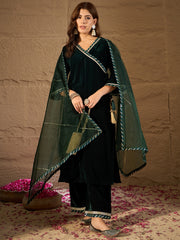 Dark Green Velvet Kurta, Pant and Dupatta