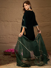 Dark Green Velvet Kurta, Pant and Dupatta