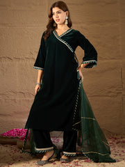 Dark Green Velvet Kurta, Pant and Dupatta