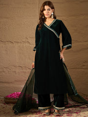 Dark Green Velvet Kurta, Pant and Dupatta