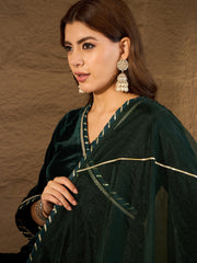Dark Green Velvet Kurta, Pant and Dupatta