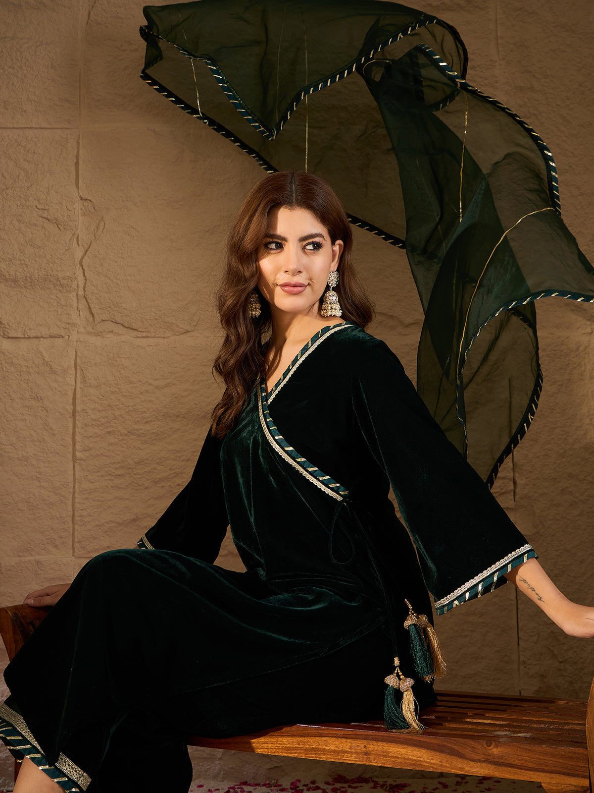 Dark Green Velvet Kurta, Pant and Dupatta