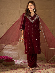 Maroon Velvet Kurta, Pant and Dupatta Set