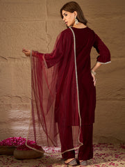 Maroon Velvet Kurta, Pant and Dupatta Set