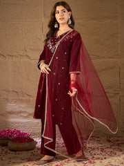 Maroon Velvet Kurta, Pant and Dupatta Set