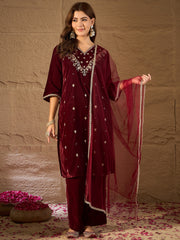 Maroon Velvet Kurta, Pant and Dupatta Set