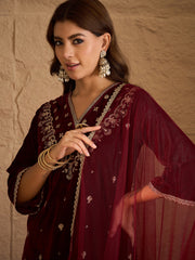 Maroon Velvet Kurta, Pant and Dupatta Set