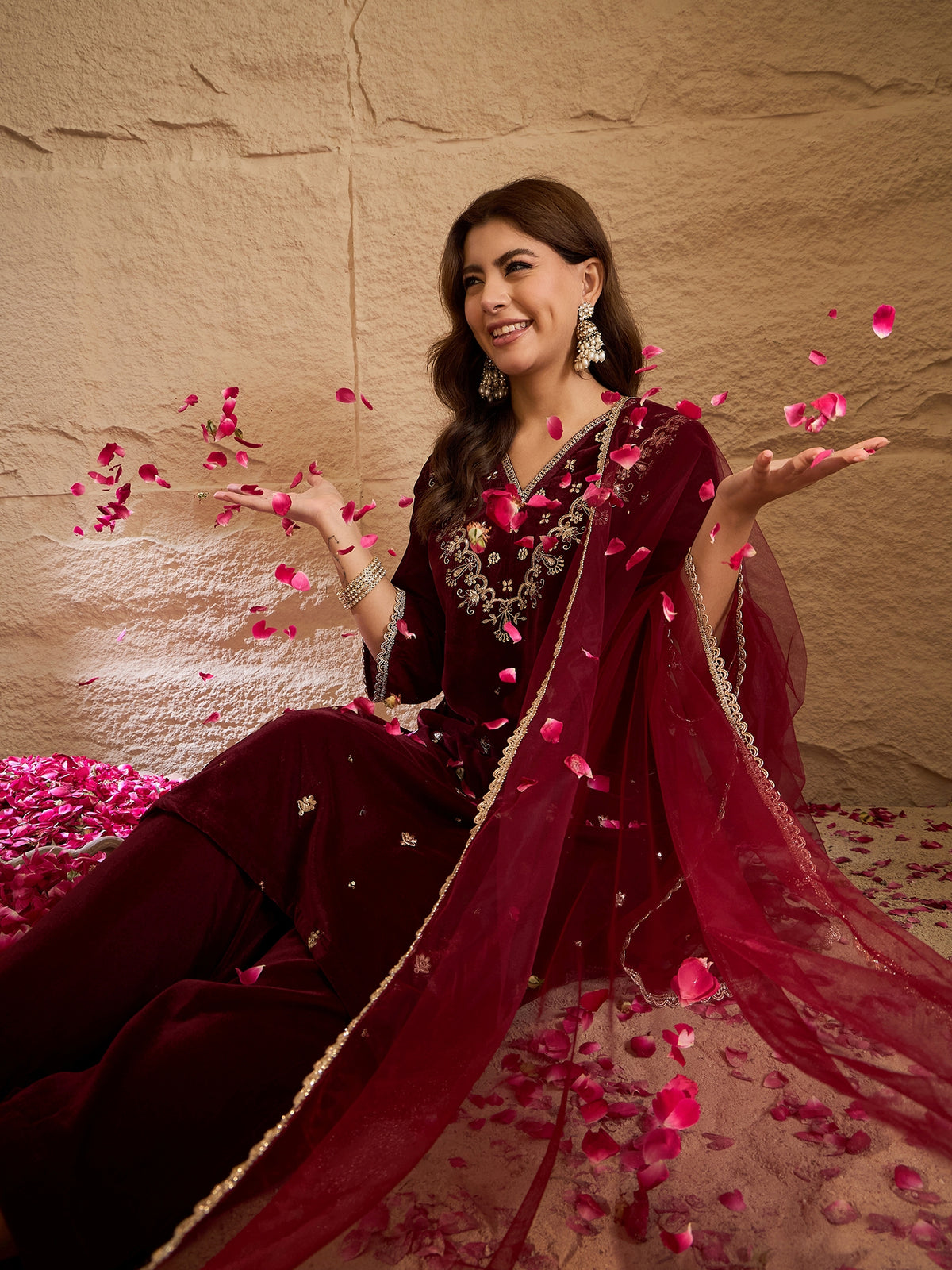 Maroon Velvet Kurta, Pant and Dupatta Set