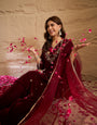 Maroon Velvet Kurta, Pant and Dupatta Set