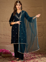 Rama Blue Velvet Kurta, Pant and Dupatta Set