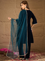 Rama Blue Velvet Kurta, Pant and Dupatta Set