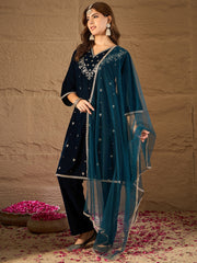 Rama Blue Velvet Kurta, Pant and Dupatta Set