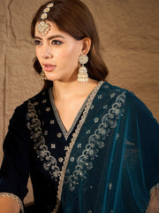 Rama Blue Velvet Kurta, Pant and Dupatta Set