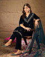 Rama Blue Velvet Kurta, Pant and Dupatta Set