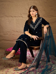 Rama Blue Velvet Kurta, Pant and Dupatta Set